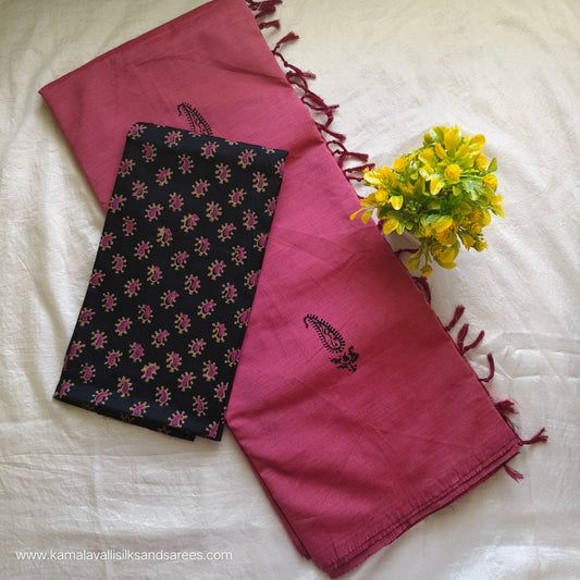 South Cotton Mix Block Printed Saree Pastel Pink colour with Black colour blouse