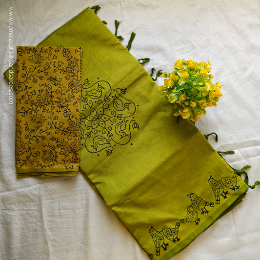 South Cotton Mix Block Printed Saree Green colour with Greenish Yellow colour blouse