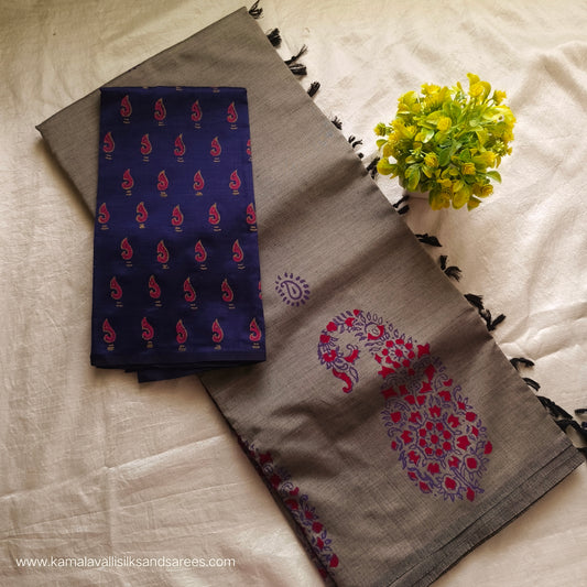 South Cotton Mix Block Printed Saree Grey colour with Blue colour contrast blouse