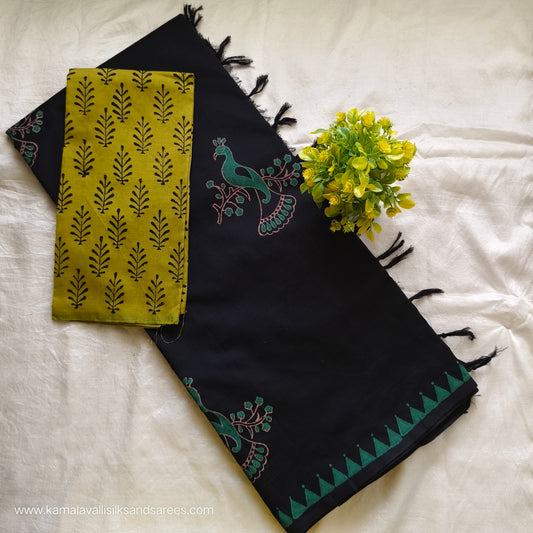 South Cotton Mix Block Printed Saree Black Colour with light Green colour contrast blouse